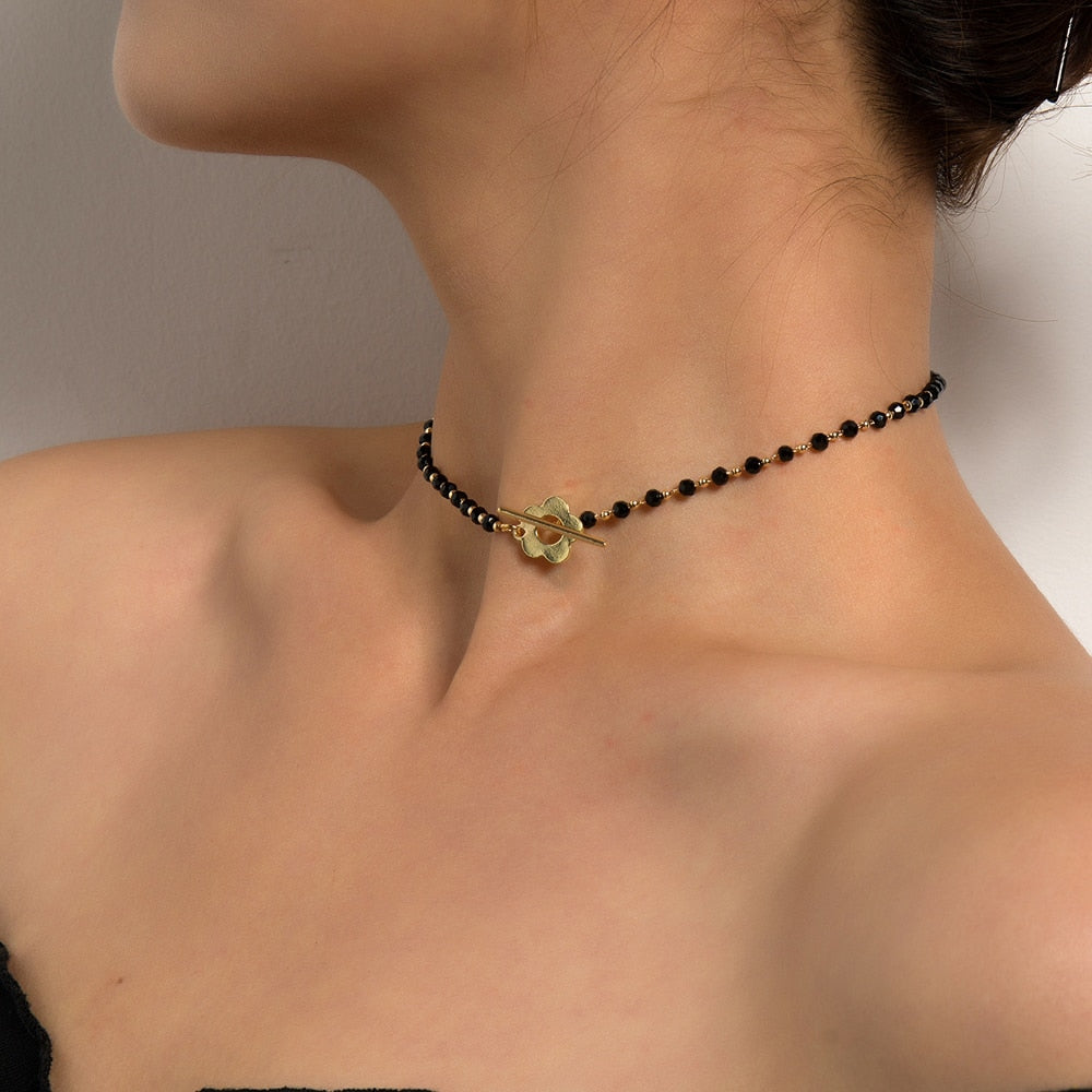 SUMENG Luxury Flower Lariat Black Crystal Glass Bead Chain Choker Necklace