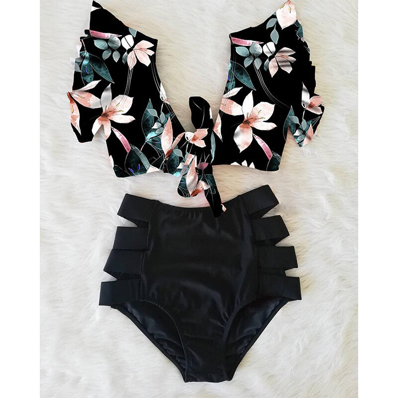 Floral Beachwear V-Neck High Waist Ruffled Sexy Bikini Set