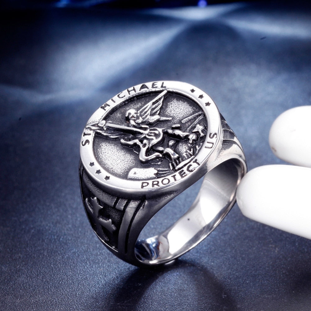 Vintage Catholic Angel Michael Stainless Steel Ring