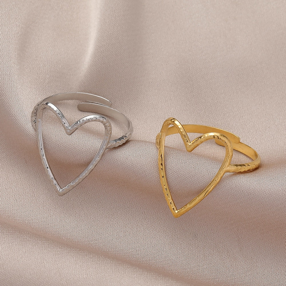 Stainless Steel 2 Color Big Heart Adjustable Ring