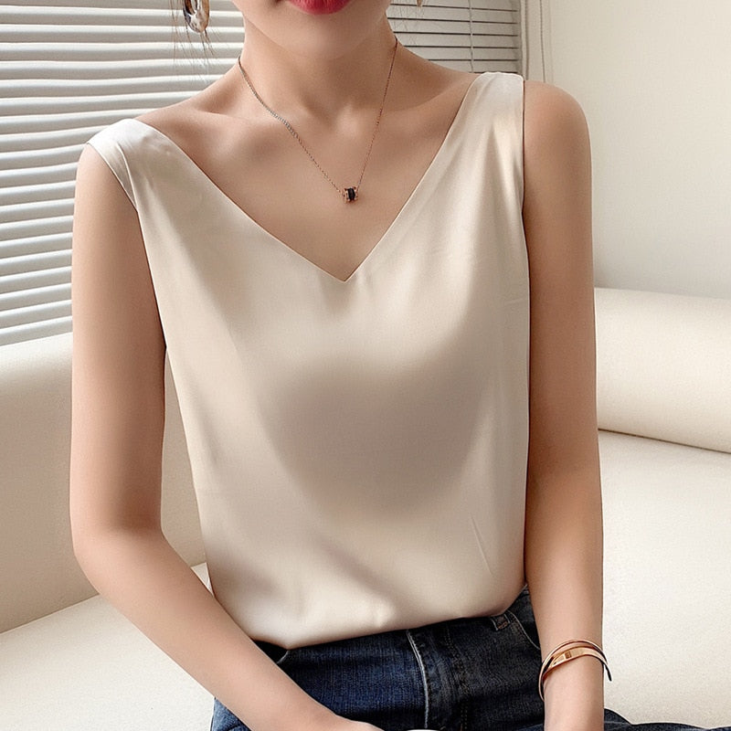 Strap Top Halter V Neck Sleeveless Satin Silk Tank Top