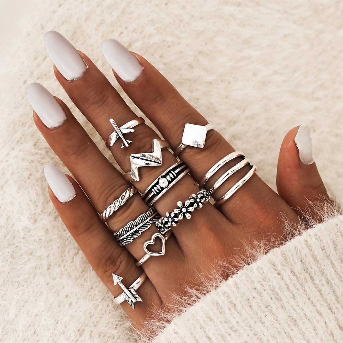 14 Pcs/Set Neo-Gothic Mixed Feather Elephant Star Moon Sun Ring