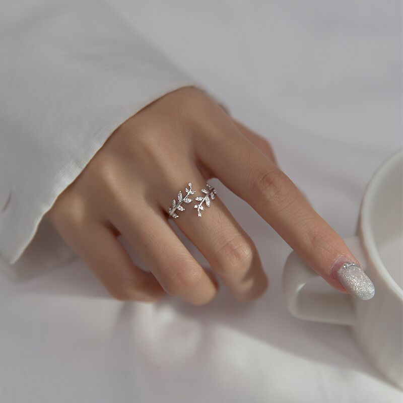 VENTFILLE 925 Sterling Silver small leaves micro-insert opening ring