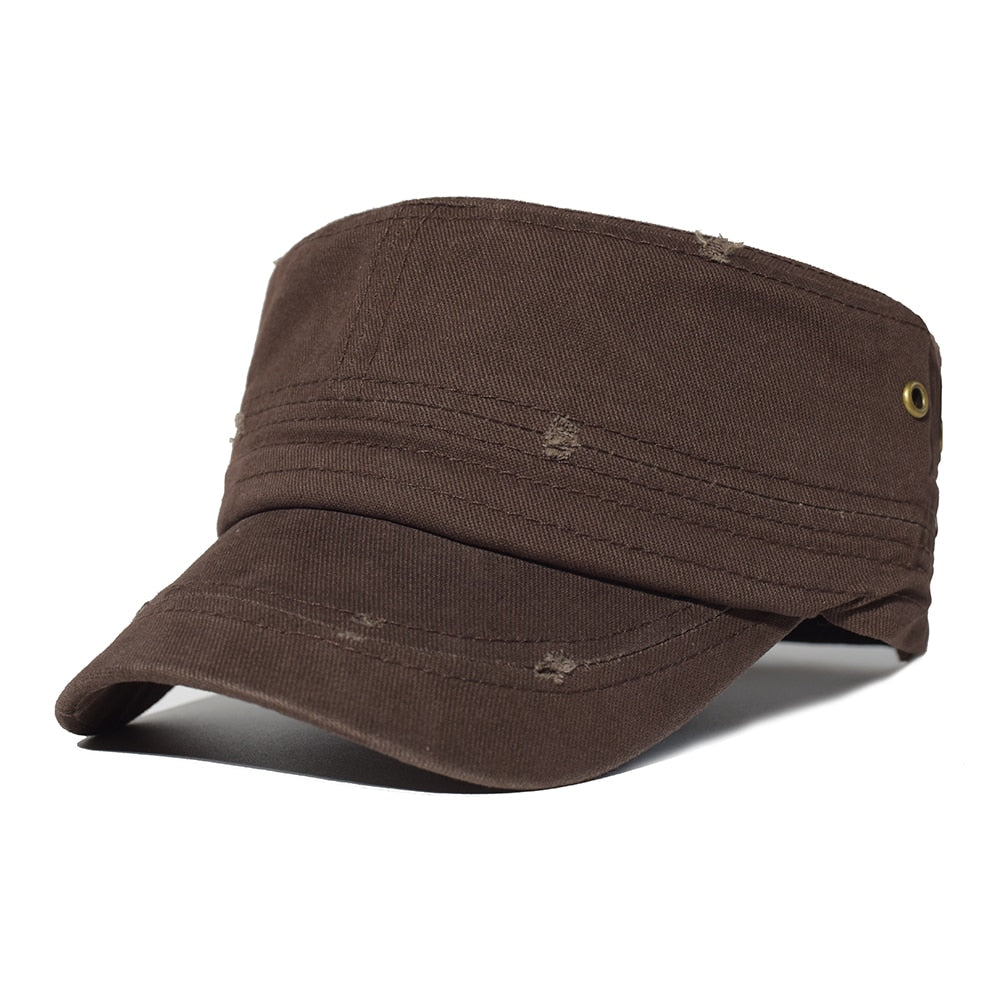 Washed Cotton Military Caps Men Cadet Army Cap Unique Design Vintage Flat Top Hat