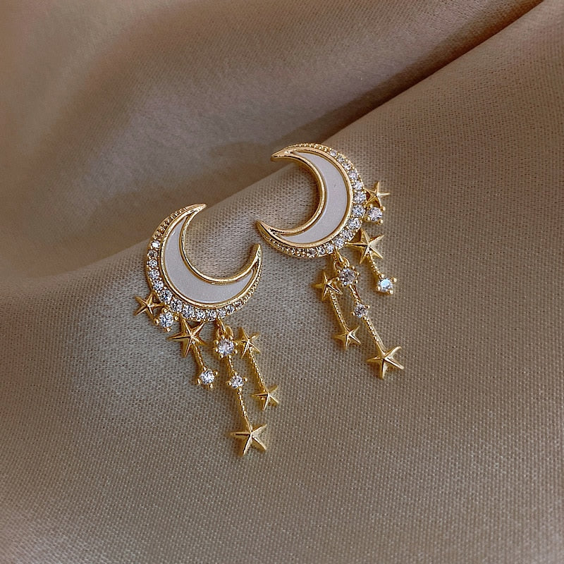 Trendy Moon Dangle Pearl Cherry Cat Rhinestone Earring
