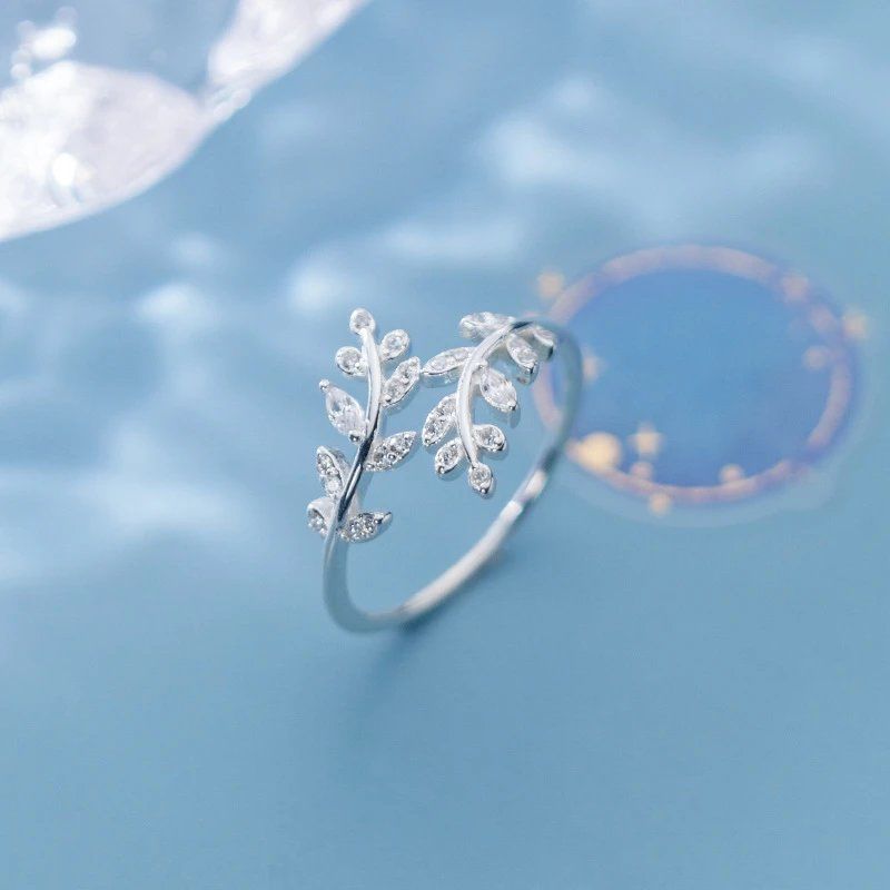VENTFILLE 925 Sterling Silver small leaves micro-insert opening ring