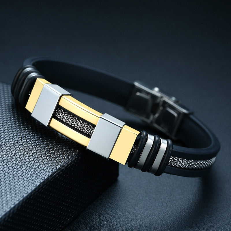 Black Grooved Rudder Silicone Mesh Link Stainless Steel Bracelet