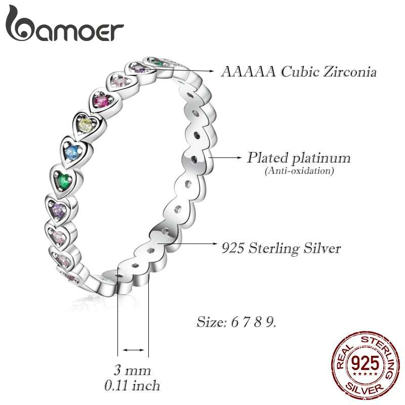 bamoer Silver Rainbow Crystal Heart Silver Enamel Colorful Stars Ring