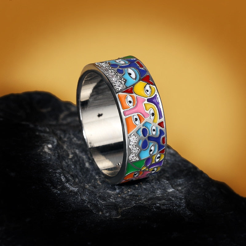 White CZ Handmade Enamel Lovely Ring