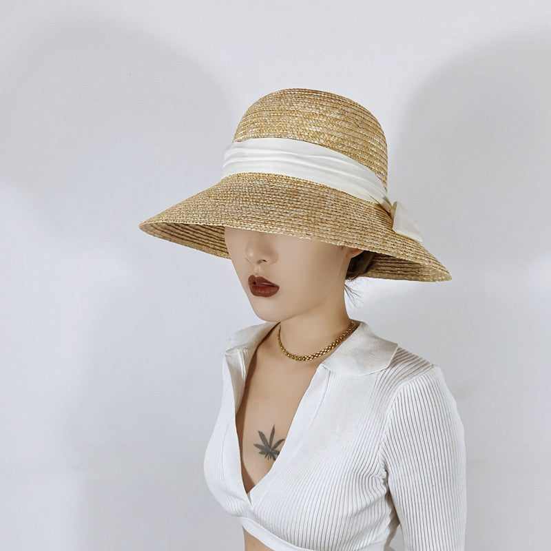 Hepburn Retro Style Dome Wheat-Straw Hat Big Brim Straw Woven Bucket Hat Women's Summer Outdoor Sun Protection Sunshade Hat - Jeglowstore