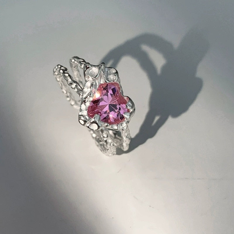 Pink Crystal Irregular Heart Ring Y2K Creative Blue Opal Broken Heart Ring