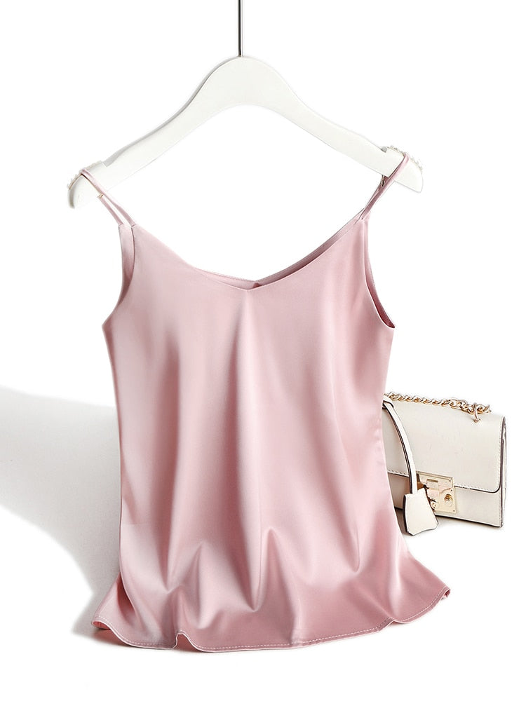 Spaghetti Strap Halter V Neck Sleeveless Satin Silk Tank Top