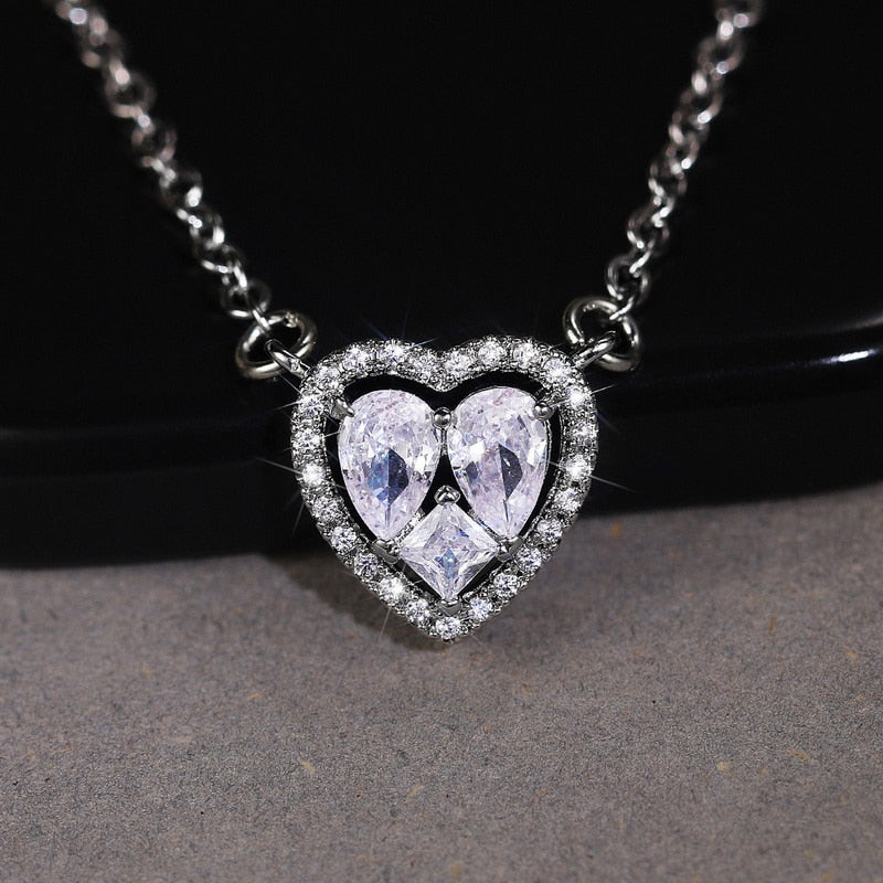 Shiny Bling Zircon Double Layer Heart Clavicle Chain  Necklace