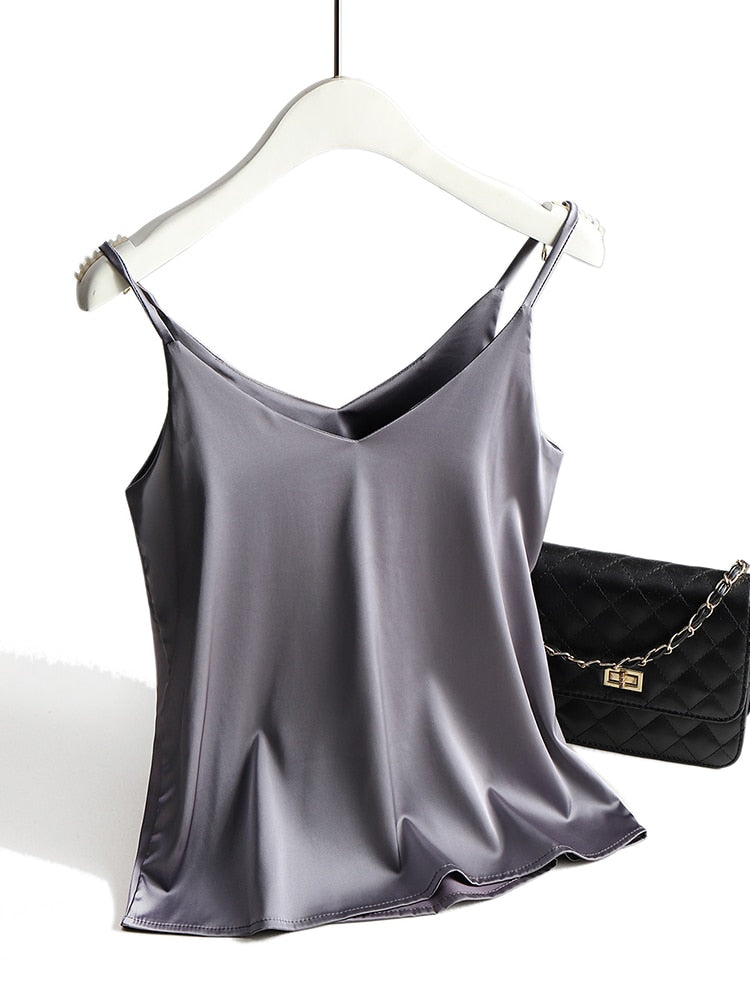 Spaghetti Strap Halter V Neck Sleeveless Satin Silk Tank Top