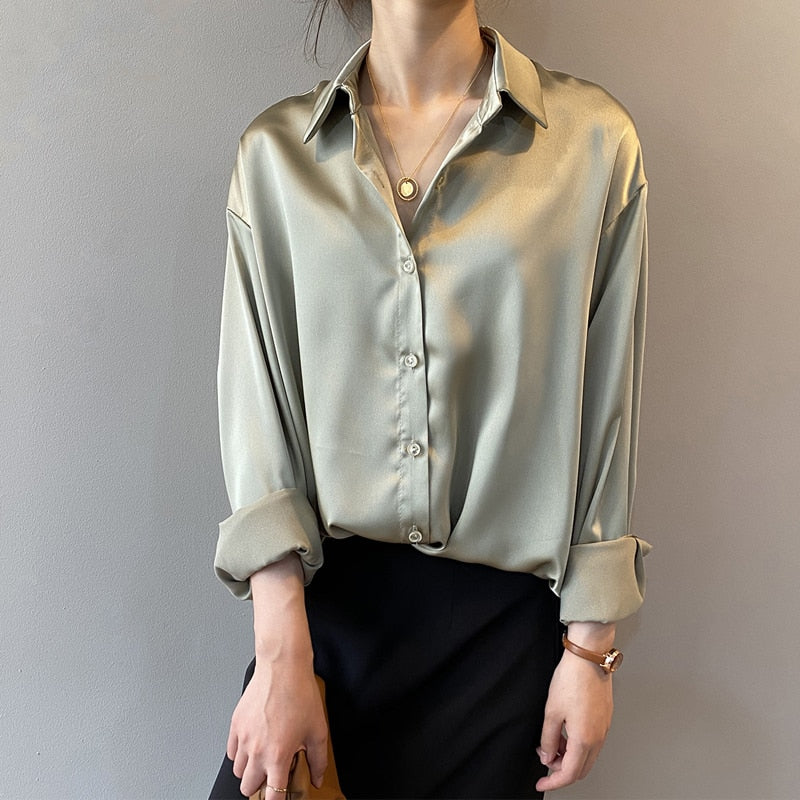Autumn Fashion Button Up Satin Silk Shirt Vintage Blouse Women - Jeglowstore