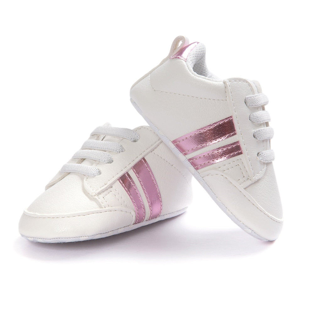 Baby Shoes Newborn Boys Sneaker Girls Two Striped First Walkers Kids Toddlers Lace Up PU Leather Soft Soles Sneakers 0-18 Months - Jeglowstore