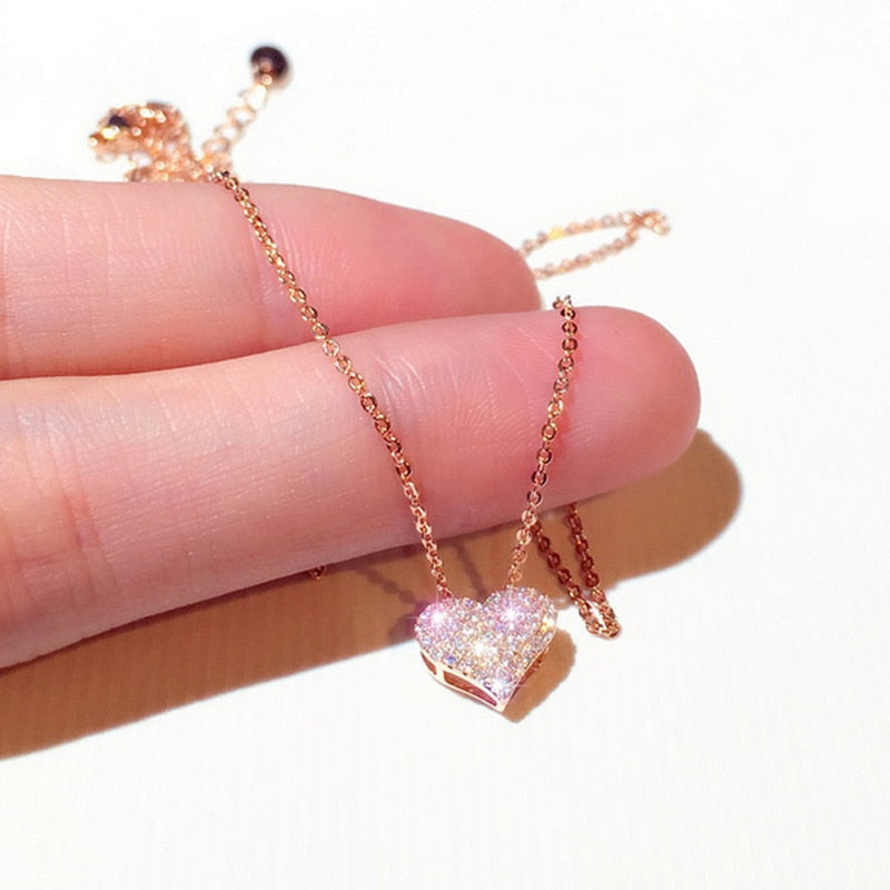 Shiny Bling Zircon Double Layer Heart Clavicle Chain  Necklace