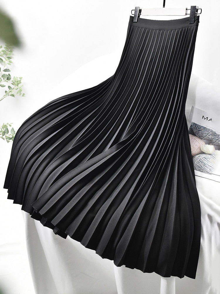 Elegant Chic Solid Pleated High Waist Skirt