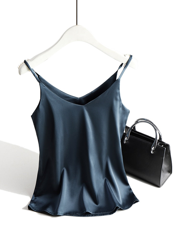 Spaghetti-band Halter V-nek Mouwlose satyn-sy-tenktop