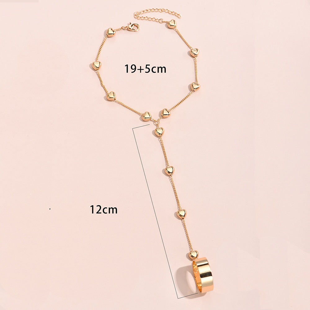 Simple Link Connected Gold plated Wide Finger Ring Bracelet