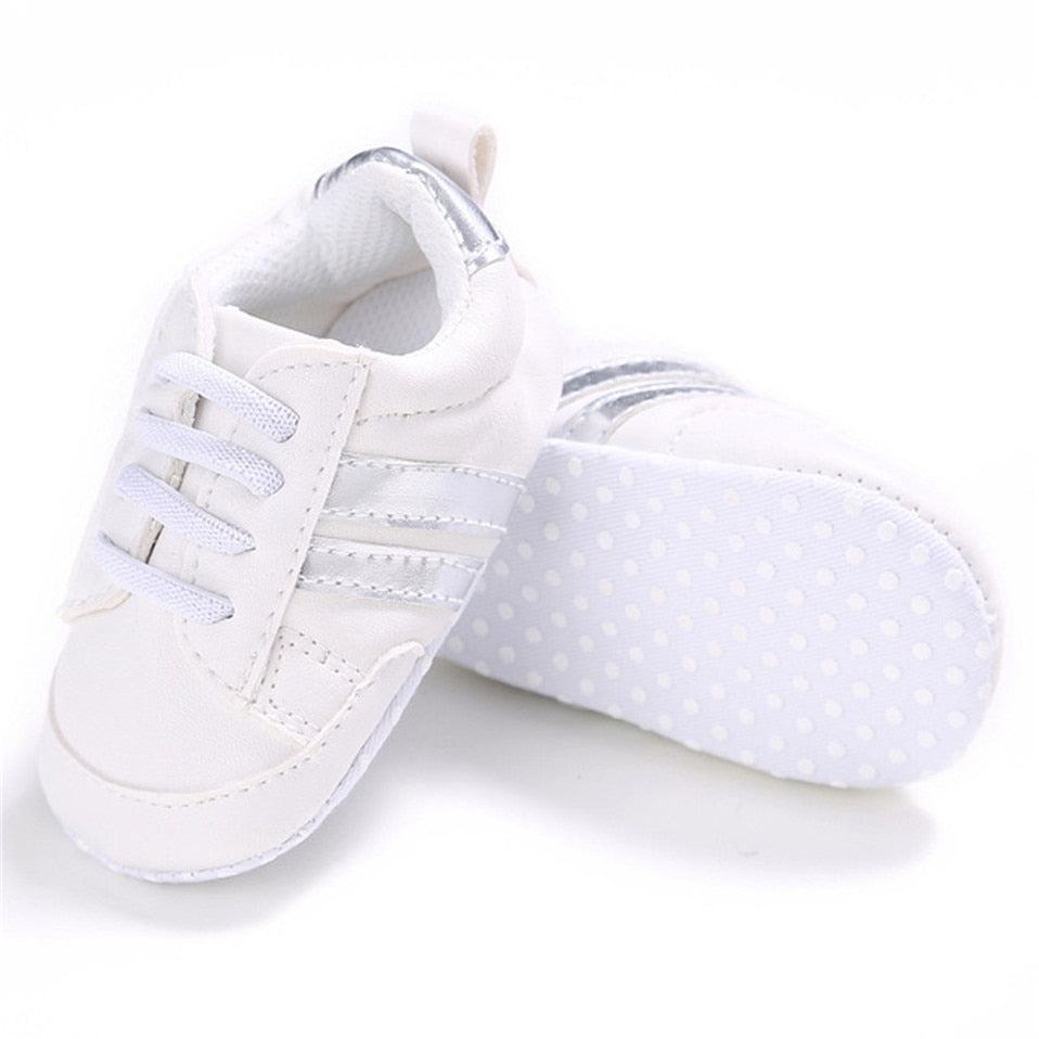 Baby Shoes Newborn Boys Sneaker Girls Two Striped First Walkers Kids Toddlers Lace Up PU Leather Soft Soles Sneakers 0-18 Months - Jeglowstore