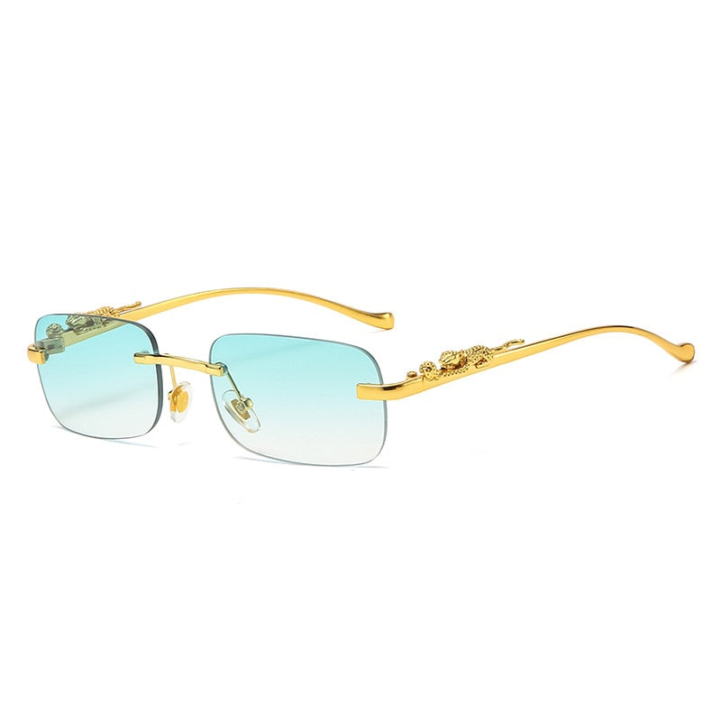 New Rimless Rectangle Vintage Metal Leopard Head Sunglasses