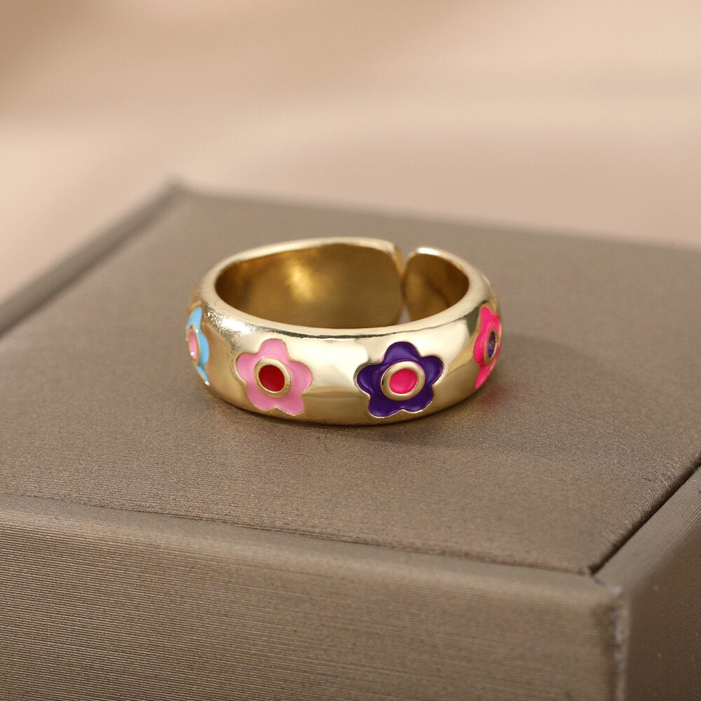 Colorful Enamel Adjustable Open Stainless Steel Ring - Jeglowstore