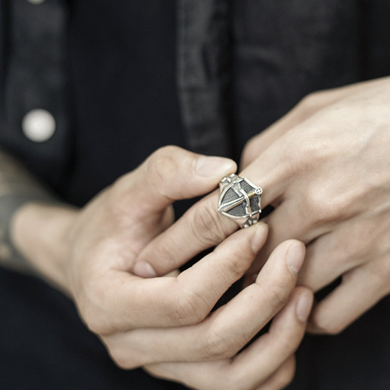 Excalibur Men's Medieval Templar Retro Shield Shape Resizable Ring