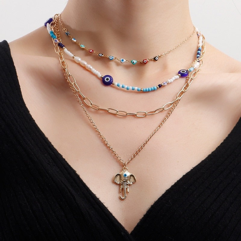 Bohemian Colorful Beads Shell Heart Layered  Necklace For Women