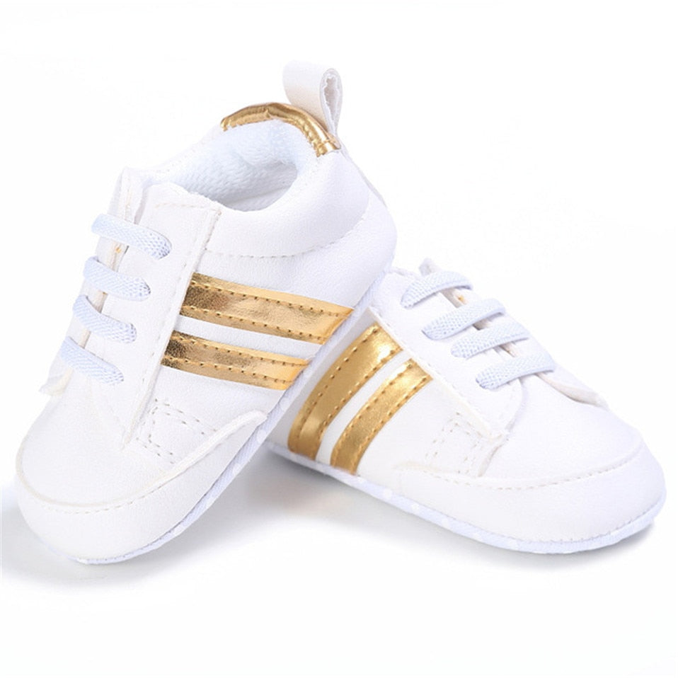 Baby Shoes Newborn Boys Sneaker Girls Two Striped First Walkers Kids Toddlers Lace Up PU Leather Soft Soles Sneakers 0-18 Months - Jeglowstore
