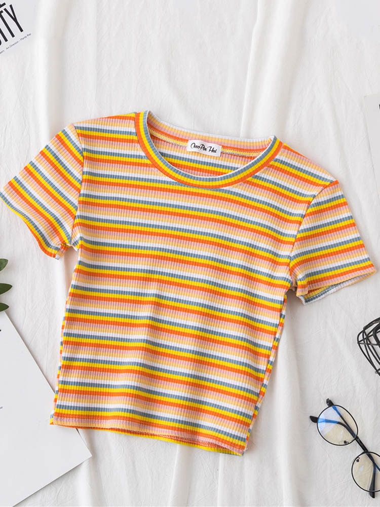 Nuwe T-hemp Vroue-reënbooggestreepte tops Slim Fit T-hemp