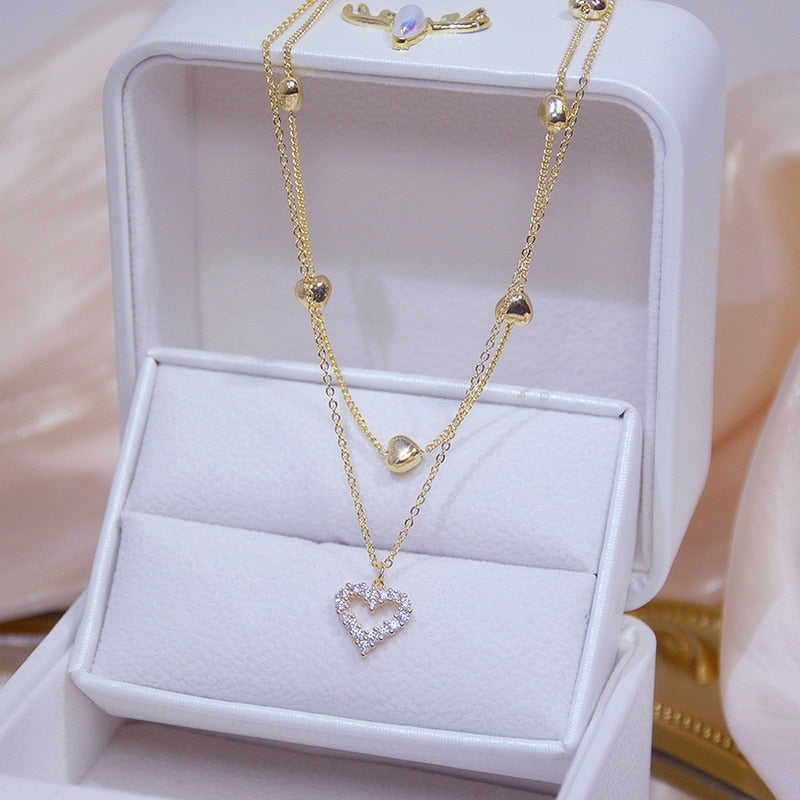 Shiny Bling Zircon Double Layer Heart Clavicle Chain  Necklace