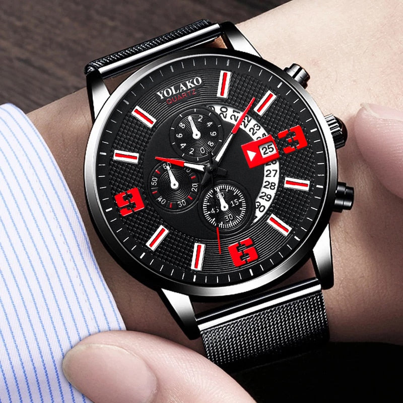 Mens Fashion Stainless Steel Mesh Belt Quartz Wrist Watch