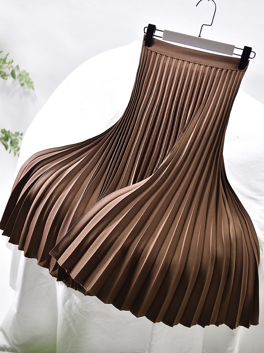 Elegant Chic Solid Pleated High Waist Skirt