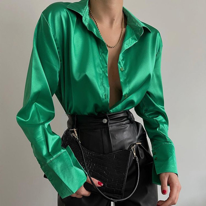 Vintage Elegant Satin Silk Shirt Long Sleeve Blouse