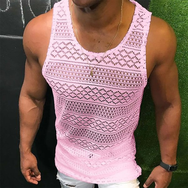 Lace Hollow Out Slim Fit Sleeveless Shirt