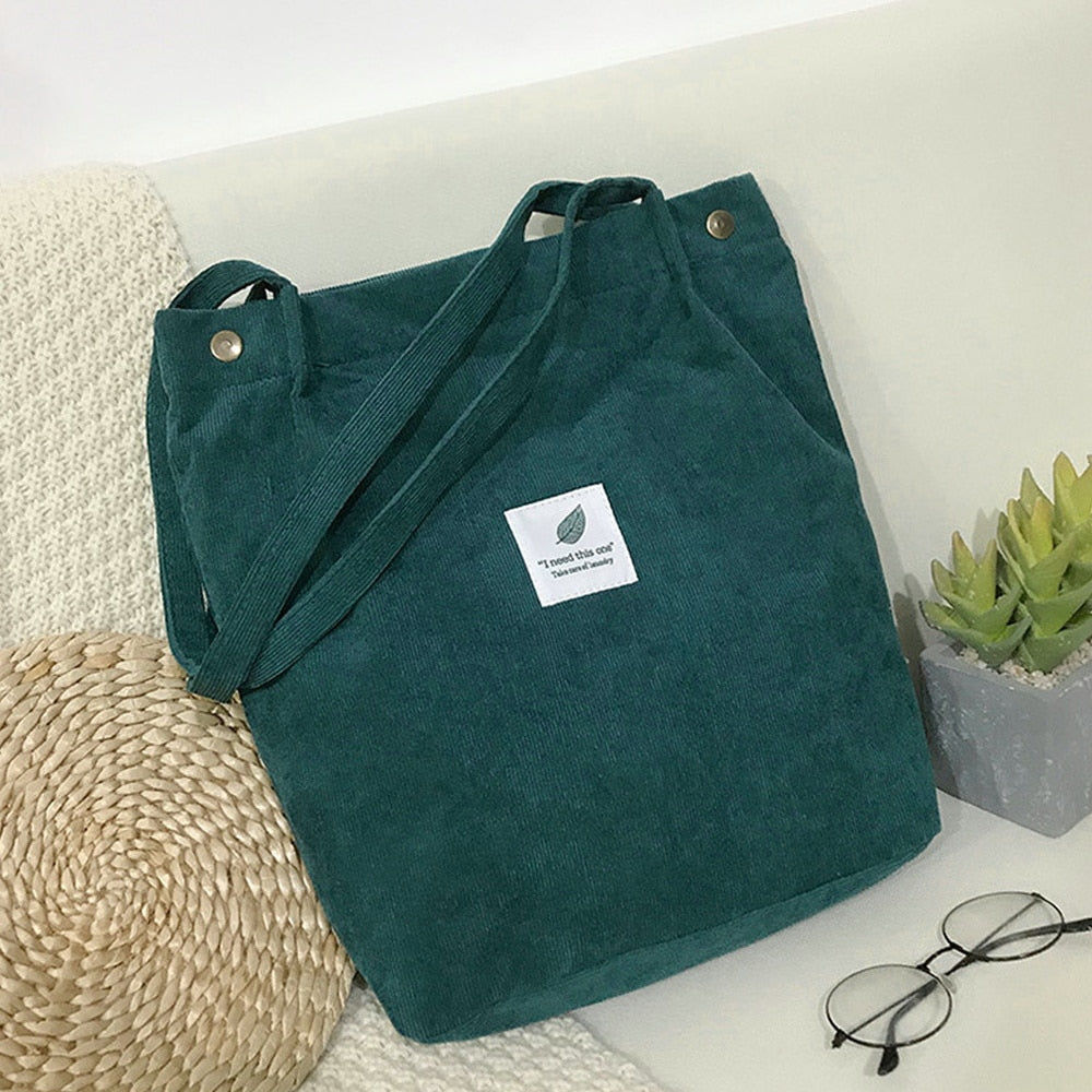 Women Corduroy Shoulder Shopping Bag with Button Eco Organizer