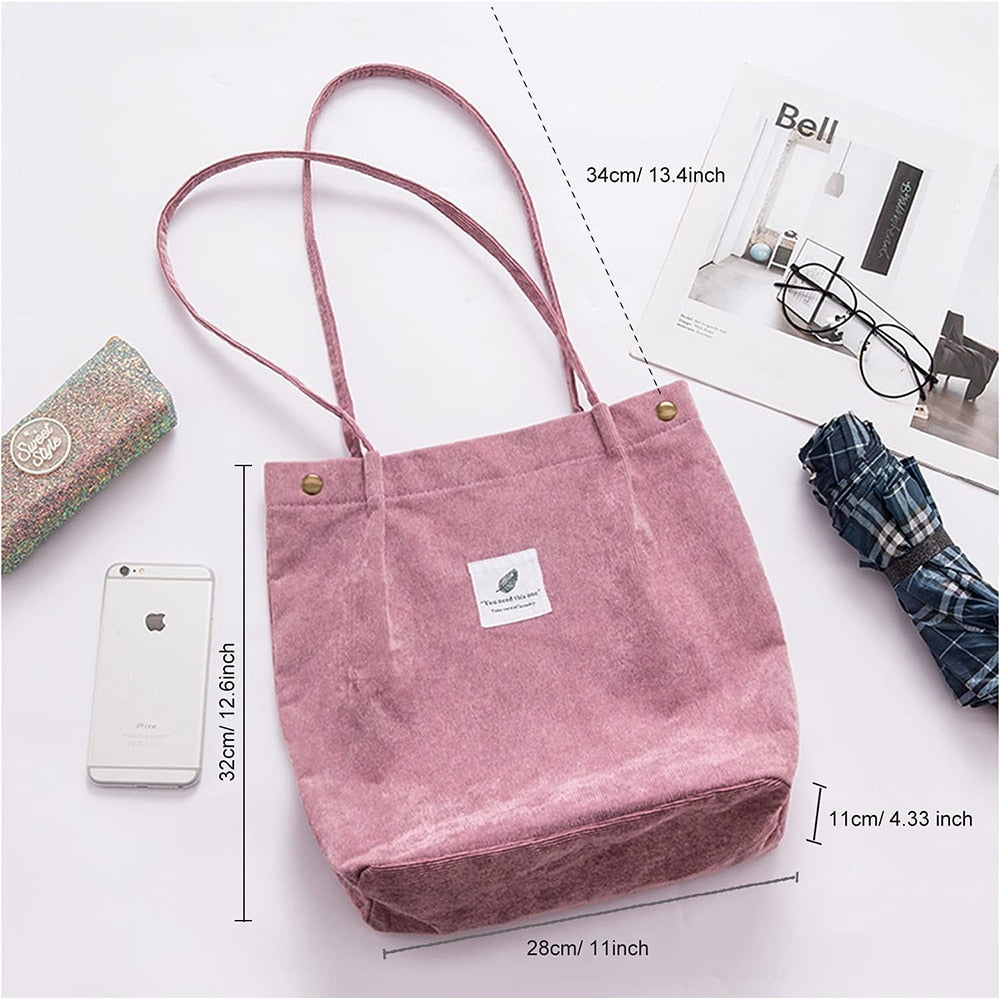 Women Corduroy Shoulder Shopping Bag with Button Eco Organizer