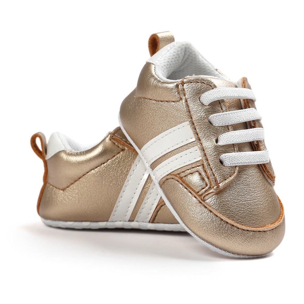 Baby Shoes Newborn Boys Sneaker Girls Two Striped First Walkers Kids Toddlers Lace Up PU Leather Soft Soles Sneakers 0-18 Months - Jeglowstore