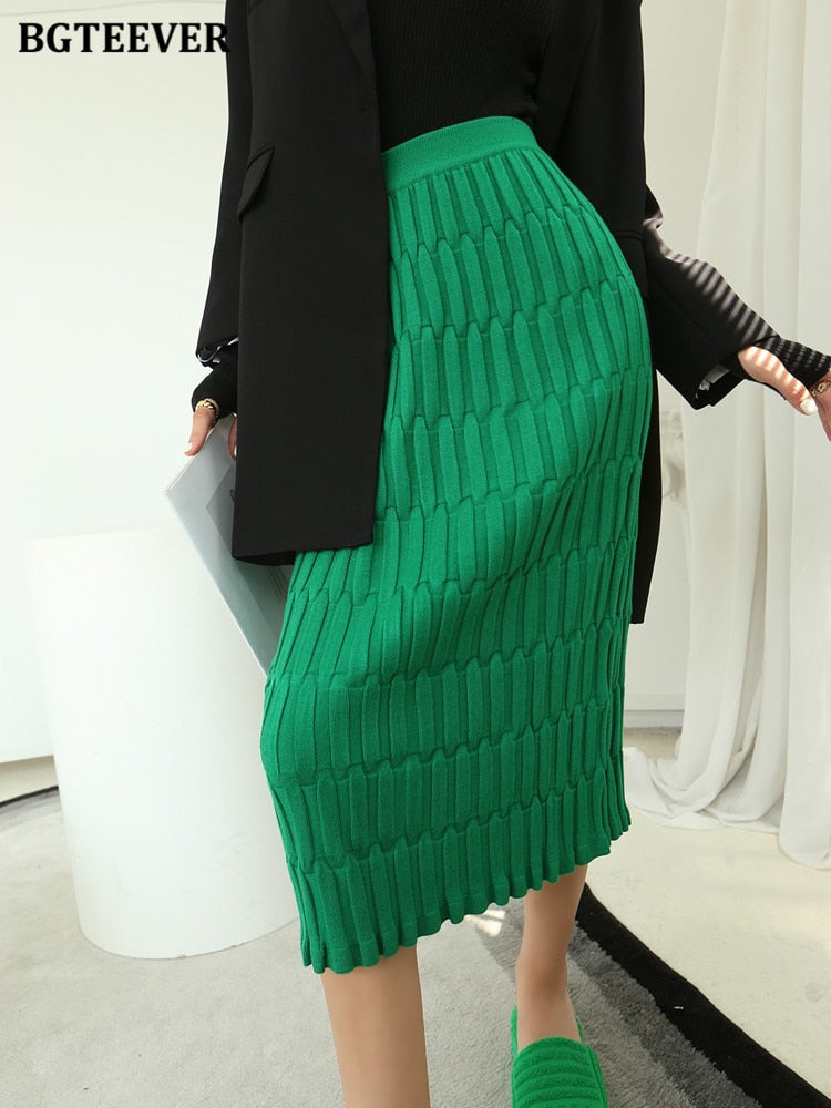 BGTEEVER Elegant High Waist Slim Fit Zipper Mid-Calf  Wrapped Knitted Skirt