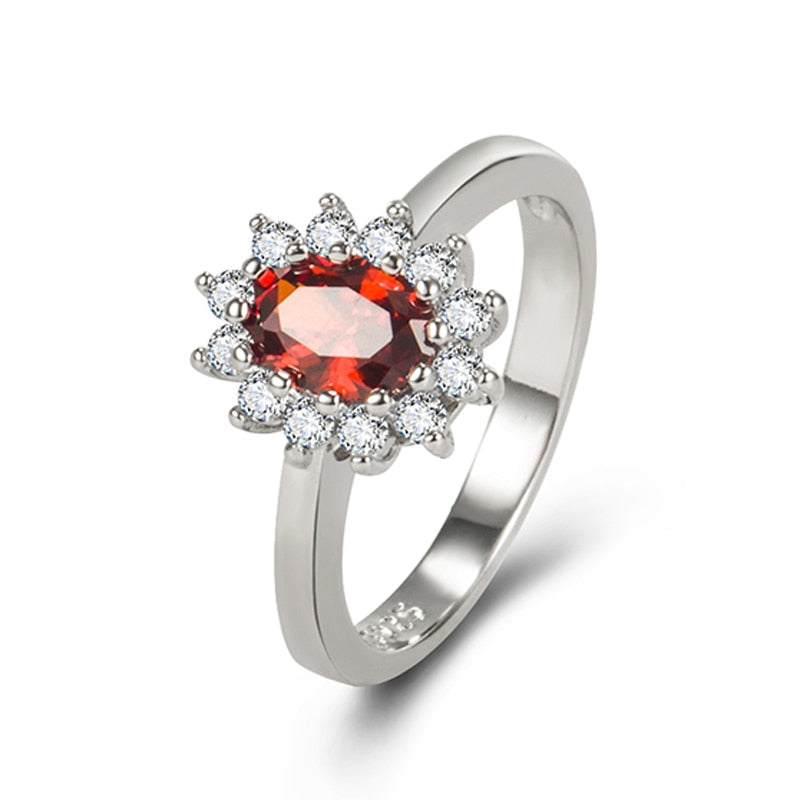 HuiSept 925 Silver Oval Emerald Ruby Zircon Gemstones Ornaments Finger Ring