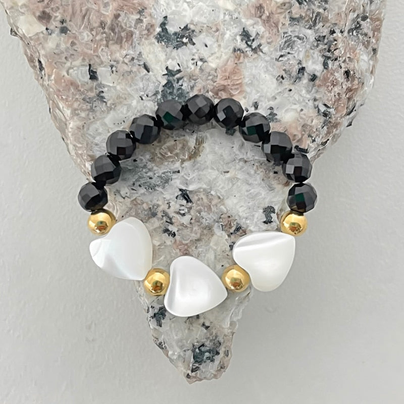 Fashion Natural Stone Moonstone Obsidian Stainless Steel Ring