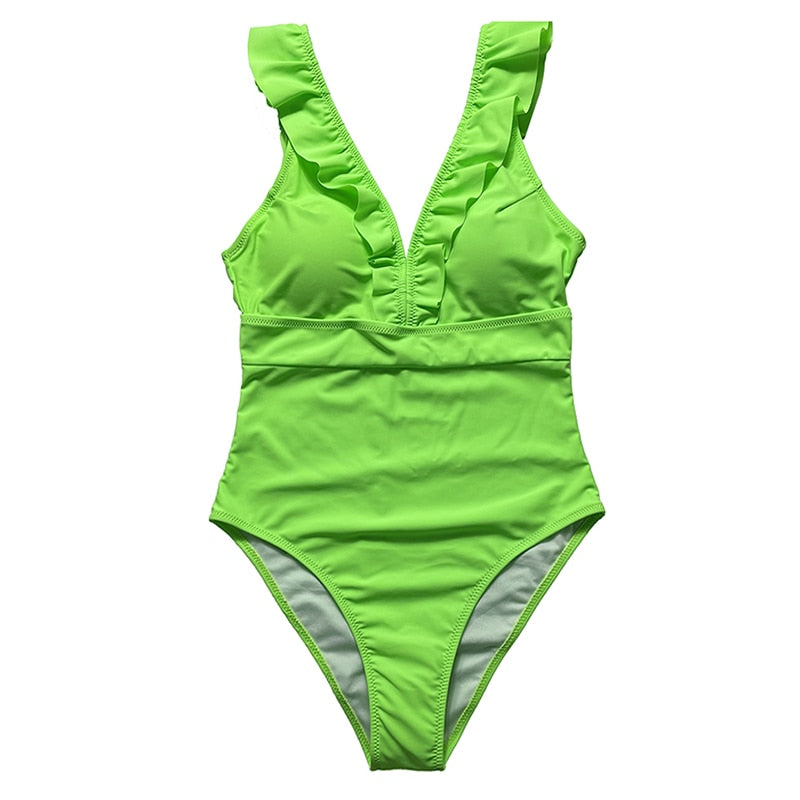 One Piece Striped Ruffled Vintage Print Swimsuit