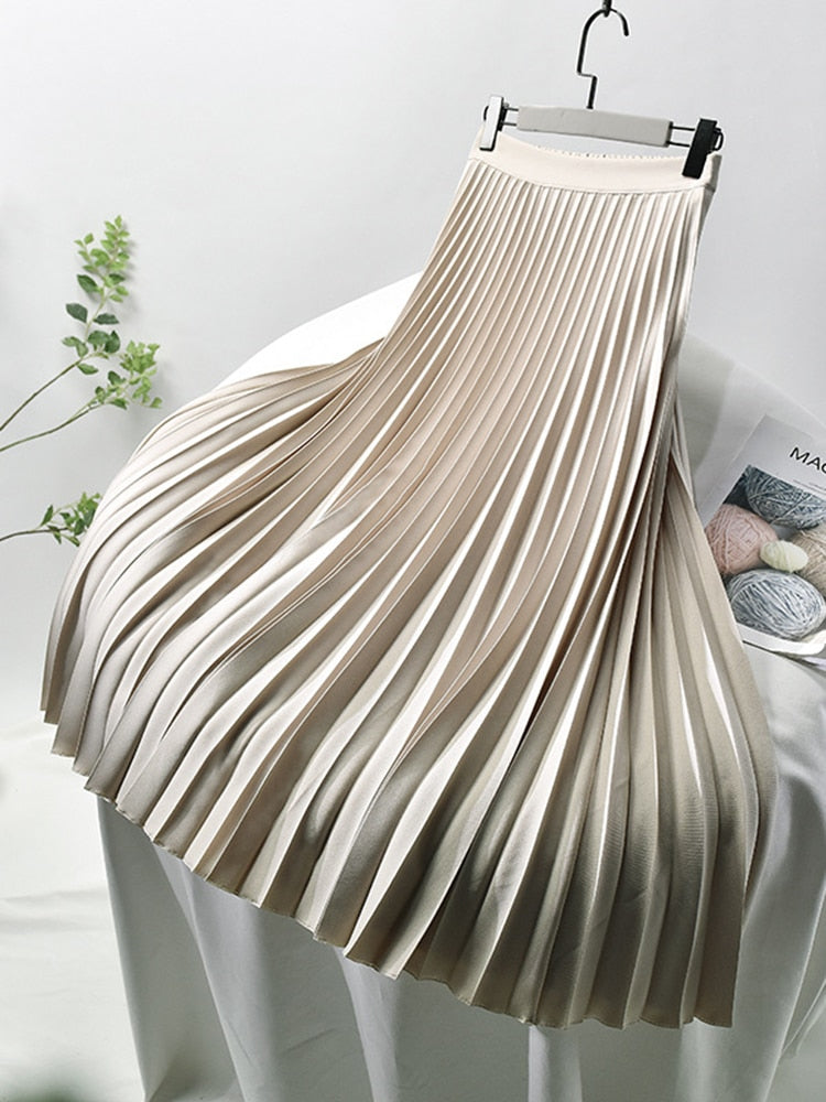 Elegant Chic Solid Pleated High Waist Skirt
