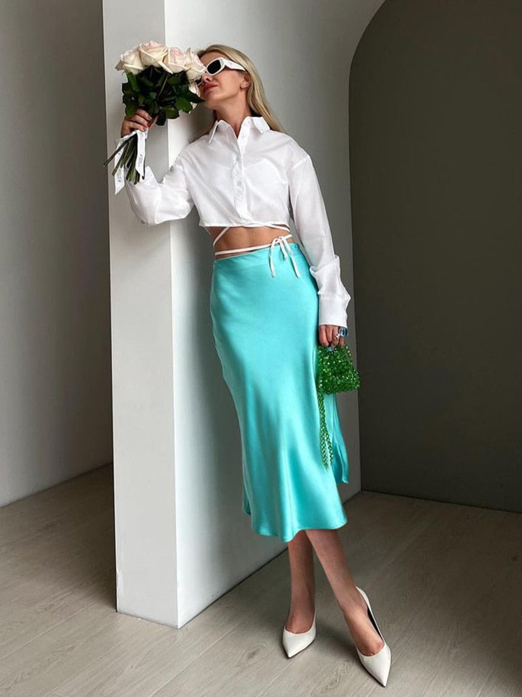 Solid Purple Satin High Waisted Silk Skirt