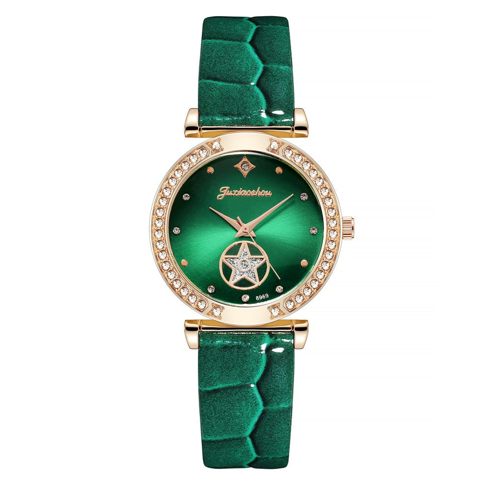 Luxury Diamond Studded Quartz Leather Watch