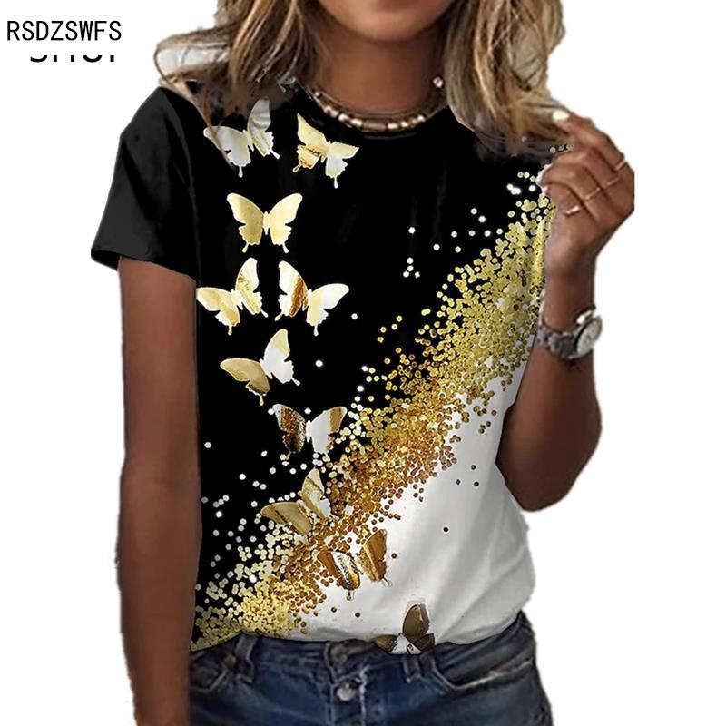 Nuwe Skoenlapper 3D-blommedruk ronde nek Casual Lady T-hemp