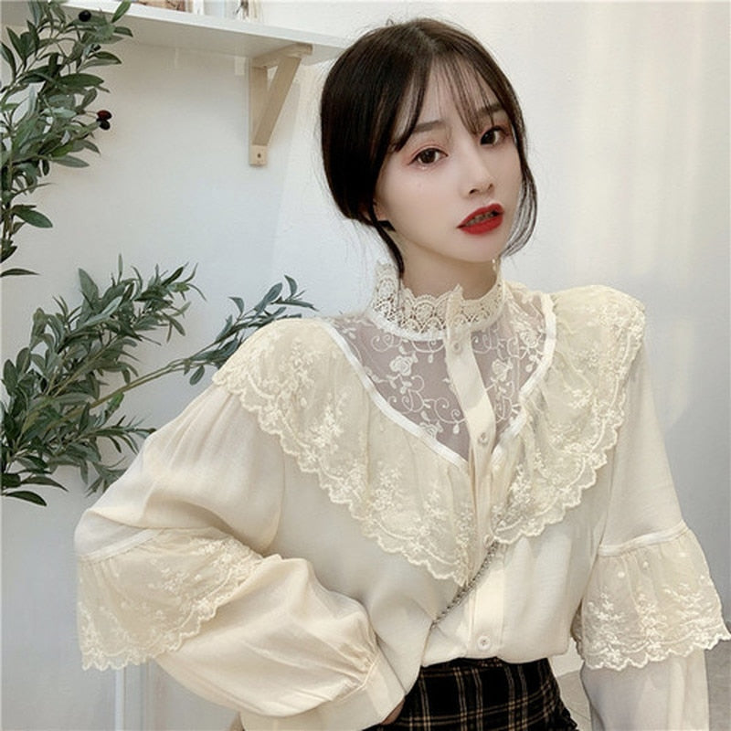 Lace Up Ruffled Women Blouse