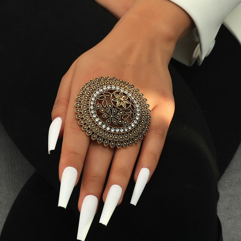 Engraved Flower Pattern Retro Party Female Finger Ring Vintage Antique Big Gold Color Women-Midi-Rings Stylish Indian Jewelry