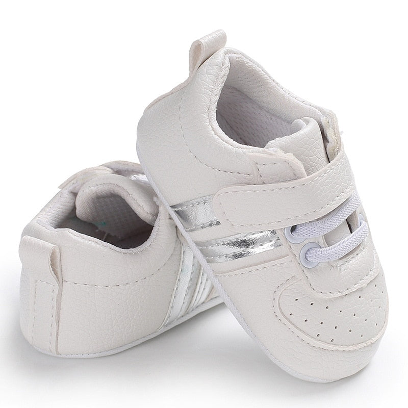 Baby Shoes Newborn Boys Sneaker Girls Two Striped First Walkers Kids Toddlers Lace Up PU Leather Soft Soles Sneakers 0-18 Months - Jeglowstore
